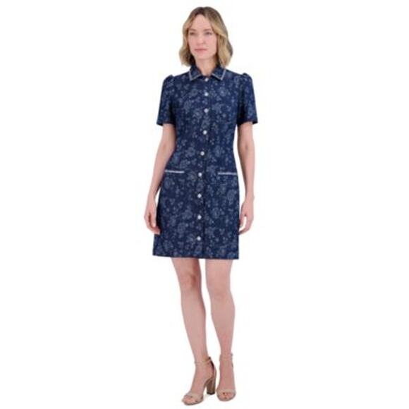 Eliza J Dresses & Skirts - Eliza J Women's Floral Print Rhinestone-Trim Button Front Denim Dress
